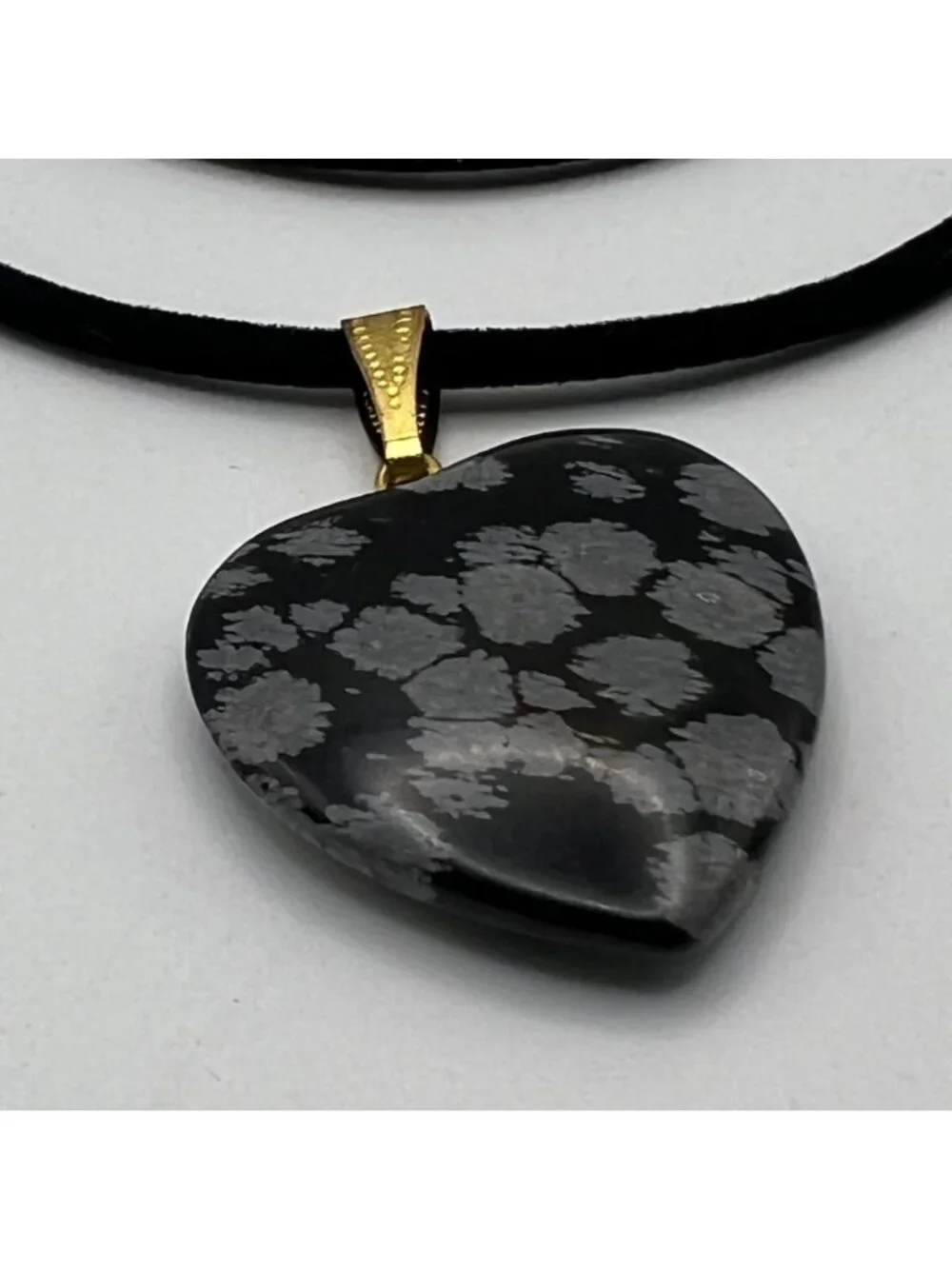 Snowflake Obsidian Heart Pendant Necklace Black Cord Gold-Tone 20+2" Healing - Picture 2 of 8